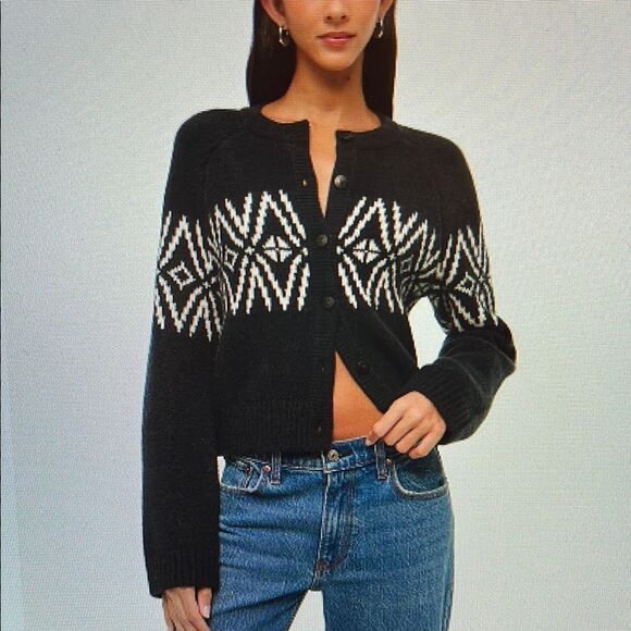 New! Abercrombie & Fitch A&F Fairisle Crew Cardigan Black White Size Large NWT - Picture 1 of 9